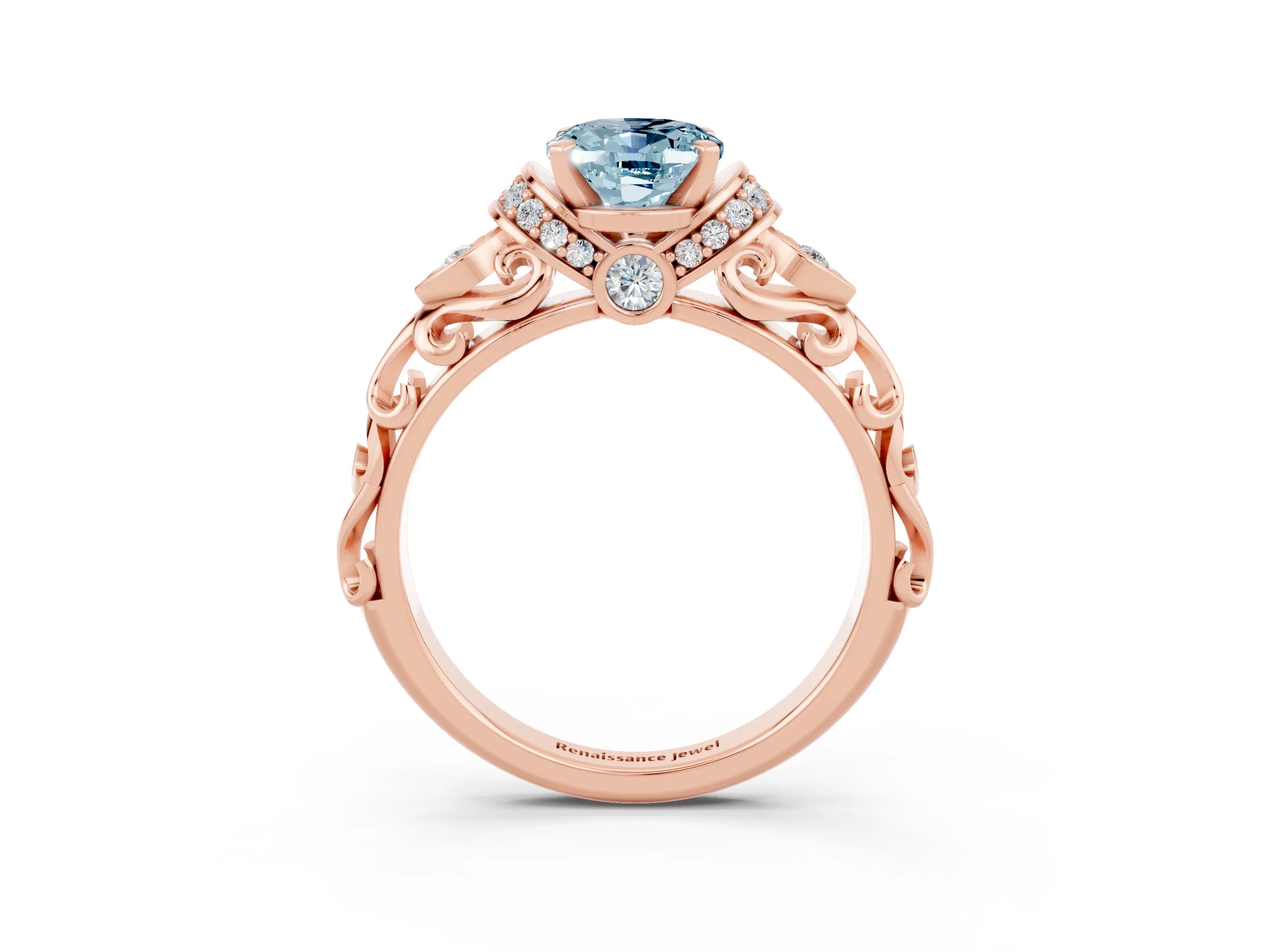 Rose gold Oval Cut Aquamarine Solitaire Ring with Filigree Band and Four-Prong Setting_27