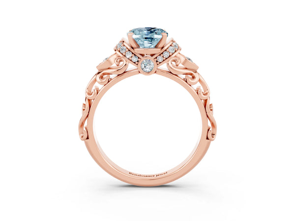 Rose gold Oval Cut Aquamarine Solitaire Ring with Filigree Band and Four-Prong Setting