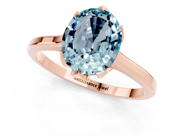 Rose gold Oval Cut Aquamarine Solitaire Ring with Flower Prong Setting and Classic Band