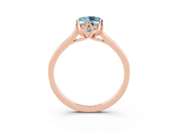 Rose gold Oval Cut Aquamarine Solitaire Ring with Flower Prong Setting and Classic Band