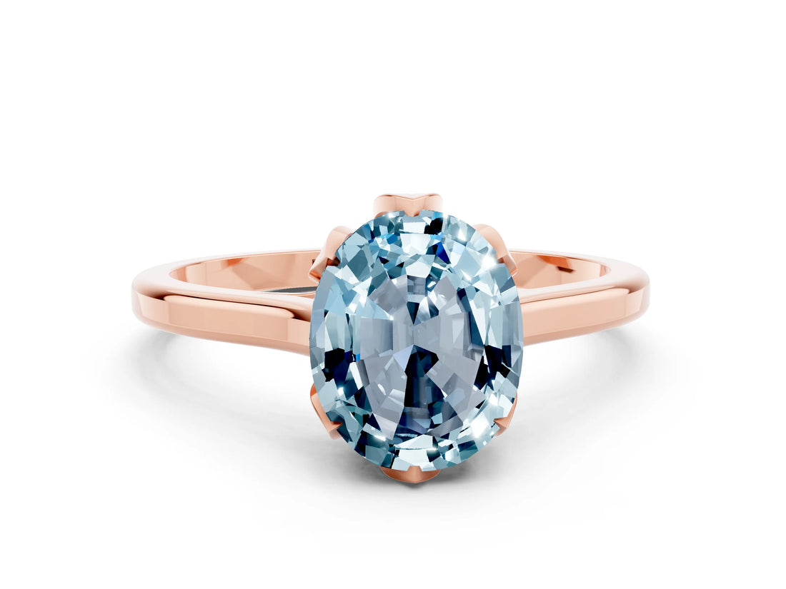 Rose gold Oval Cut Aquamarine Solitaire Ring with Flower Prong Setting and Classic Band_36