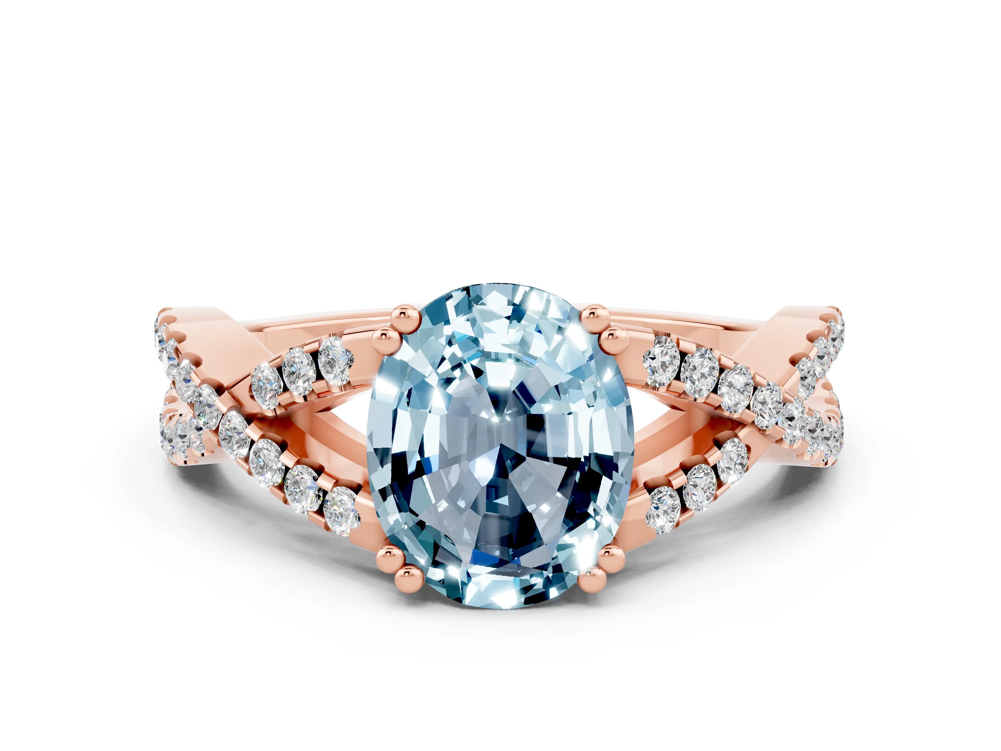 Rose gold Oval Cut Aquamarine Solitaire Ring with Four-Prong Setting and Twisted Pavé Band