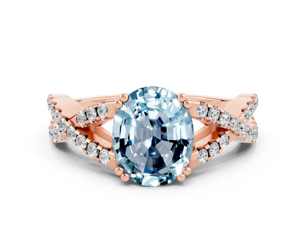 Rose gold Oval Cut Aquamarine Solitaire Ring with Four-Prong Setting and Twisted Pavé Band