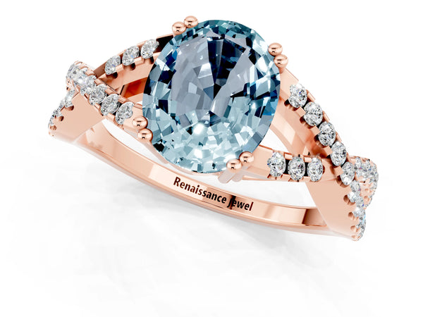 Rose gold Oval Cut Aquamarine Solitaire Ring with Four-Prong Setting and Twisted Pavé Band