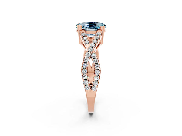 Rose gold Oval Cut Aquamarine Solitaire Ring with Four-Prong Setting and Twisted Pavé Band