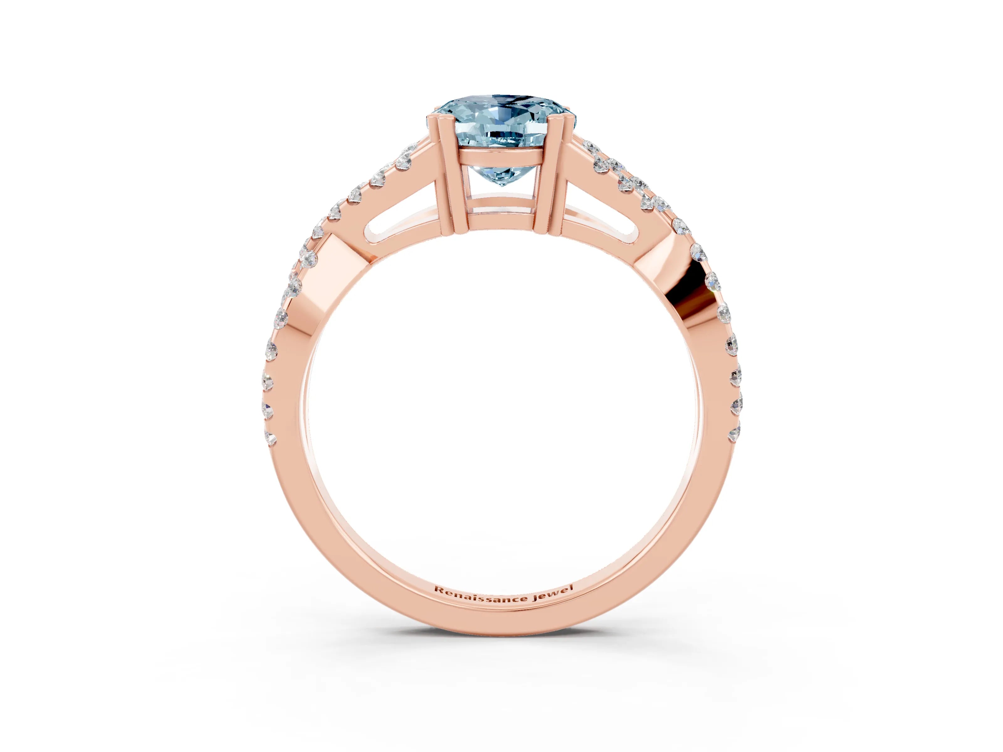 Rose gold Oval Cut Aquamarine Solitaire Ring with Four-Prong Setting and Twisted Pavé Band_3