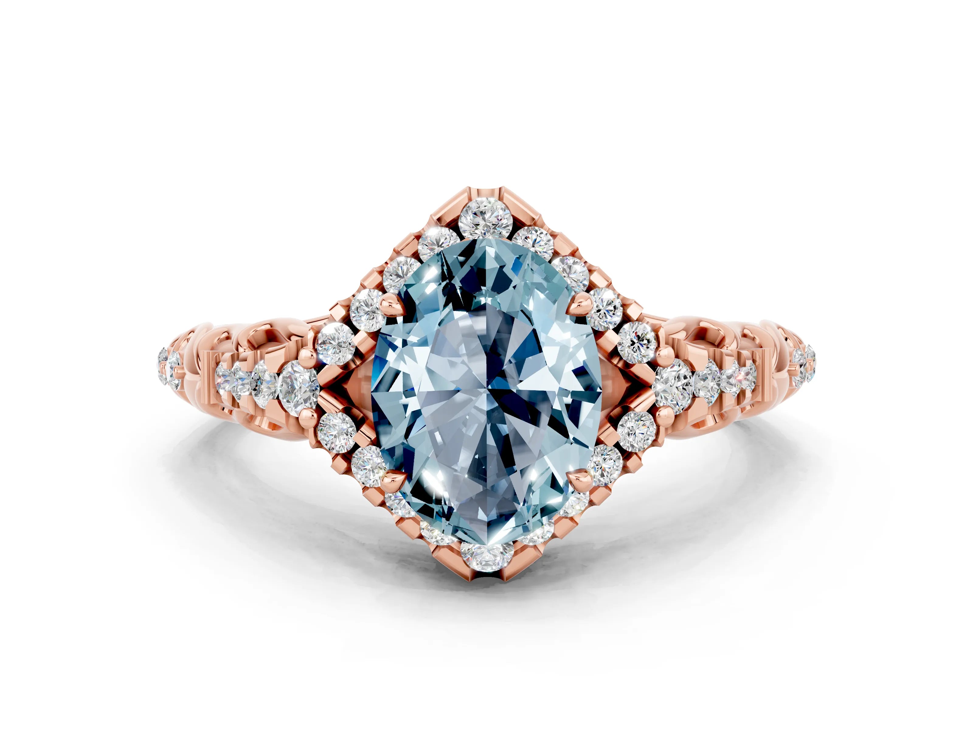 Rose gold Oval Cut Aquamarine Solitaire Ring with Hidden Halo and Pavé Band_12