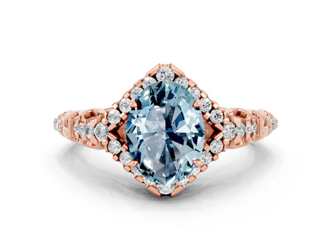 Rose gold Oval Cut Aquamarine Solitaire Ring with Hidden Halo and Pavé Band_12