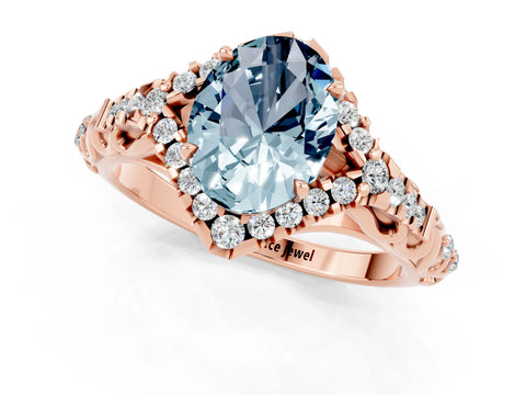 Rose gold Oval Cut Aquamarine Solitaire Ring with Hidden Halo and Pavé Band_13