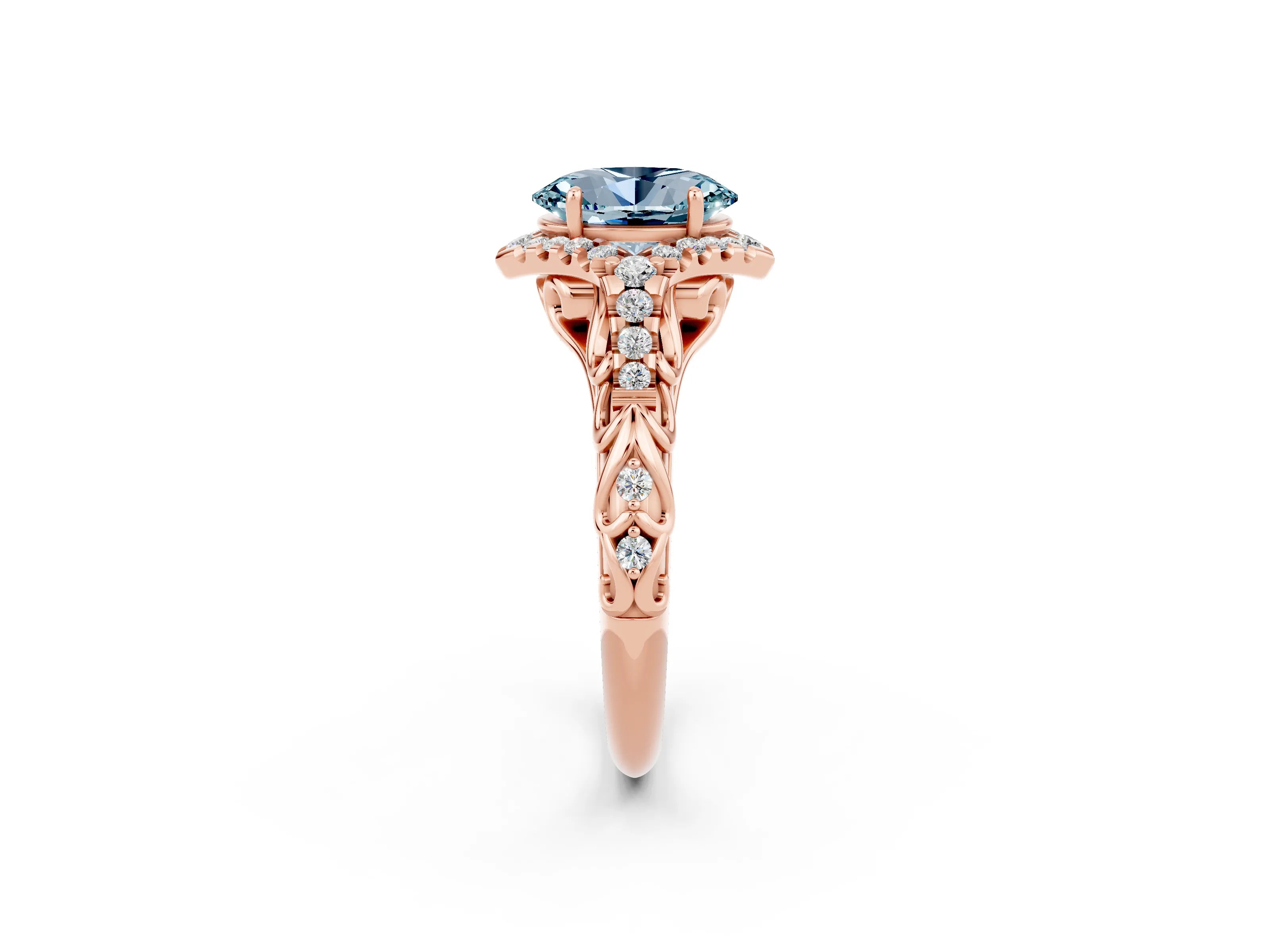 Rose gold Oval Cut Aquamarine Solitaire Ring with Hidden Halo and Pavé Band_14