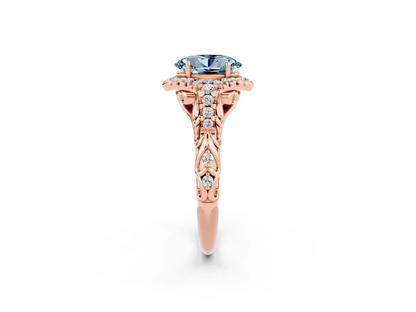 Rose gold Oval Cut Aquamarine Solitaire Ring with Hidden Halo and Pavé Band