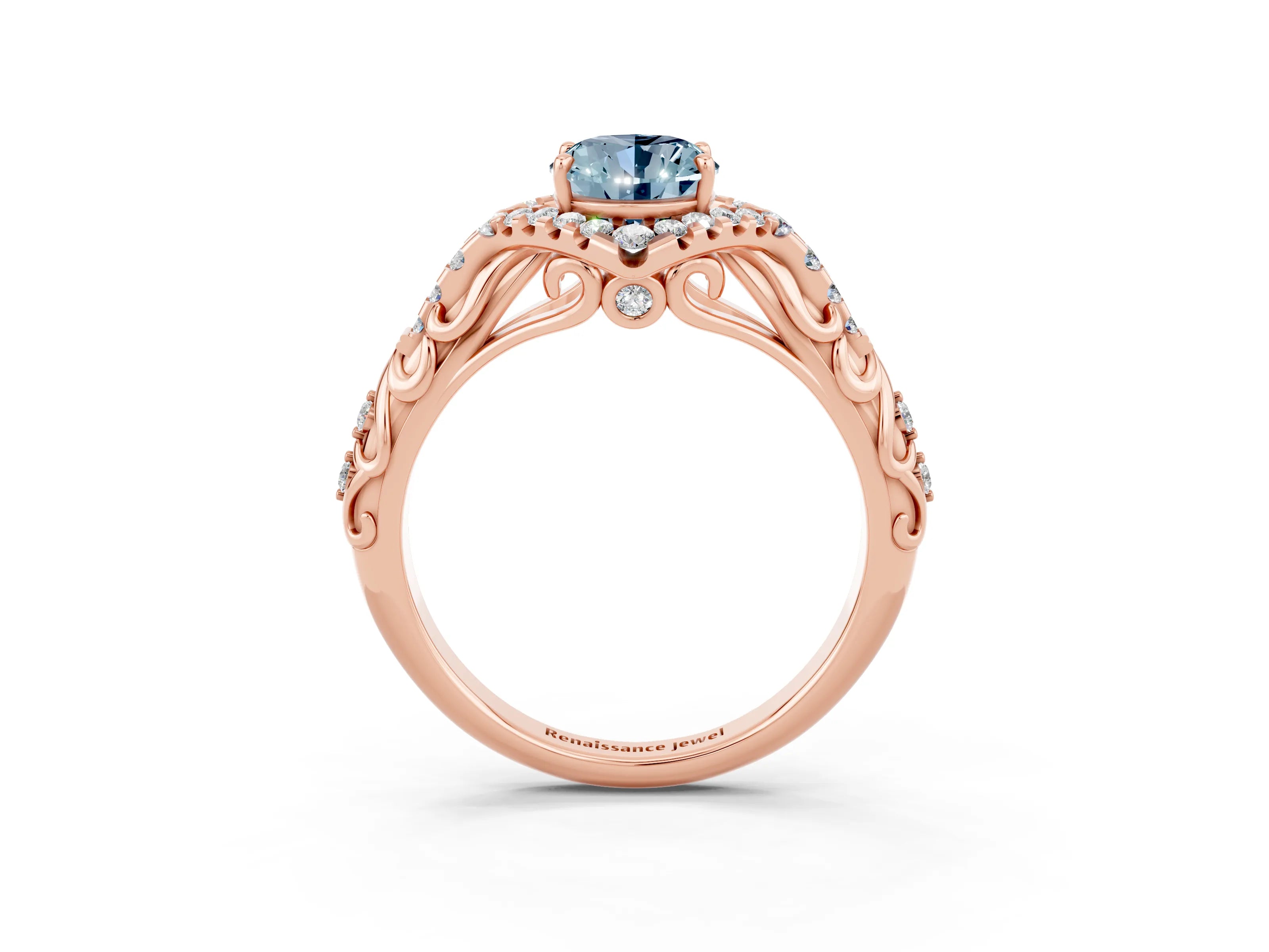 Rose gold Oval Cut Aquamarine Solitaire Ring with Hidden Halo and Pavé Band_15