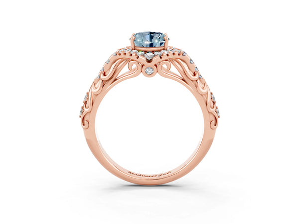 Rose gold Oval Cut Aquamarine Solitaire Ring with Hidden Halo and Pavé Band