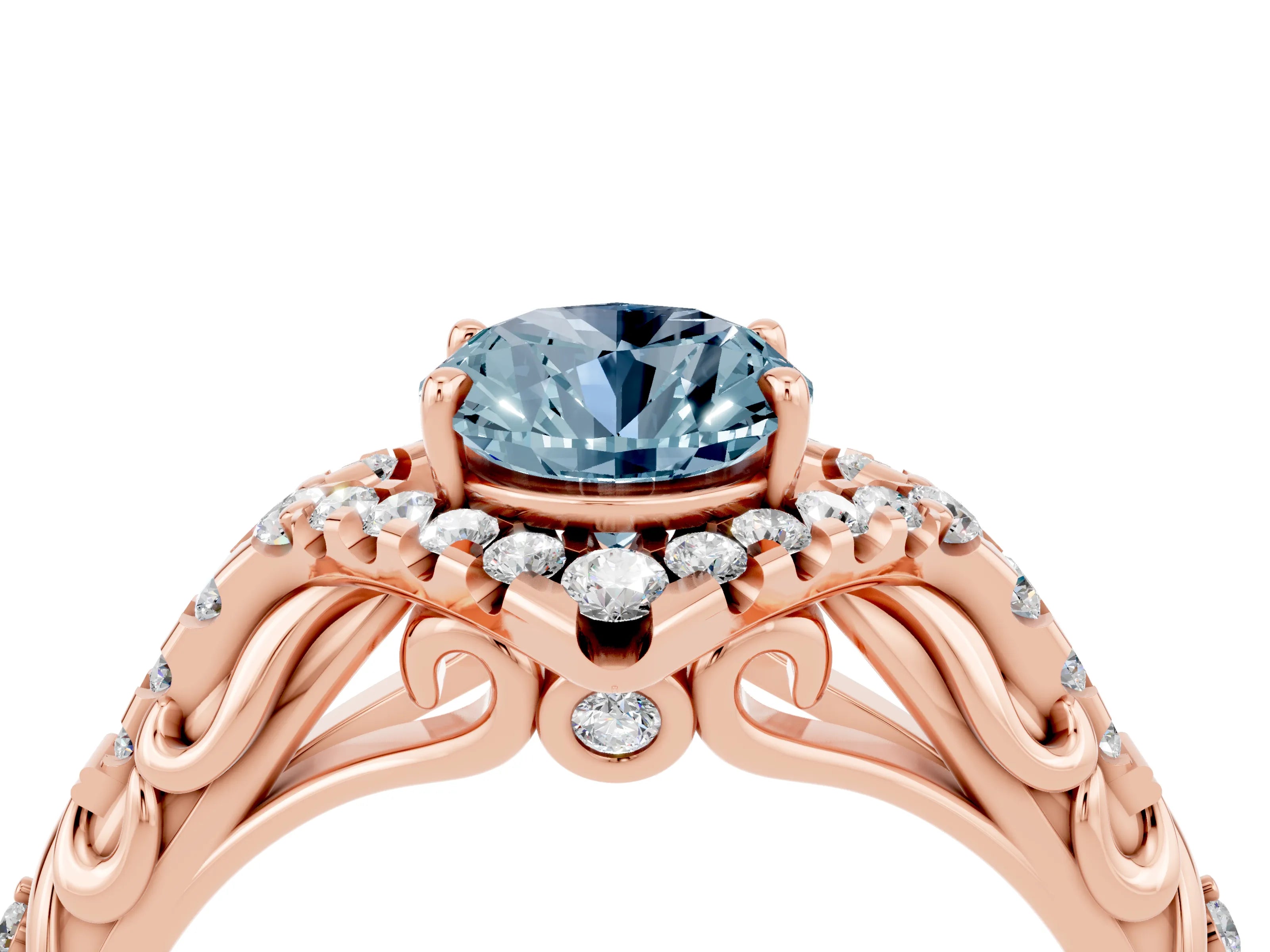 Rose gold Oval Cut Aquamarine Solitaire Ring with Hidden Halo and Pavé Band_16