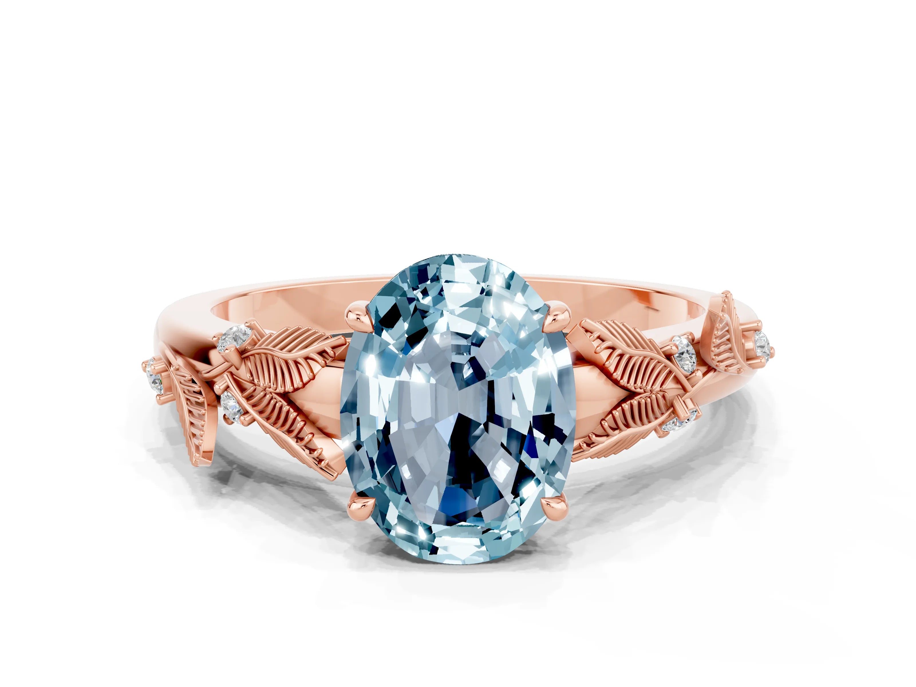 Rose gold Oval Cut Aquamarine Solitaire Ring with Leaf Motif Band and Four-Prong Setting