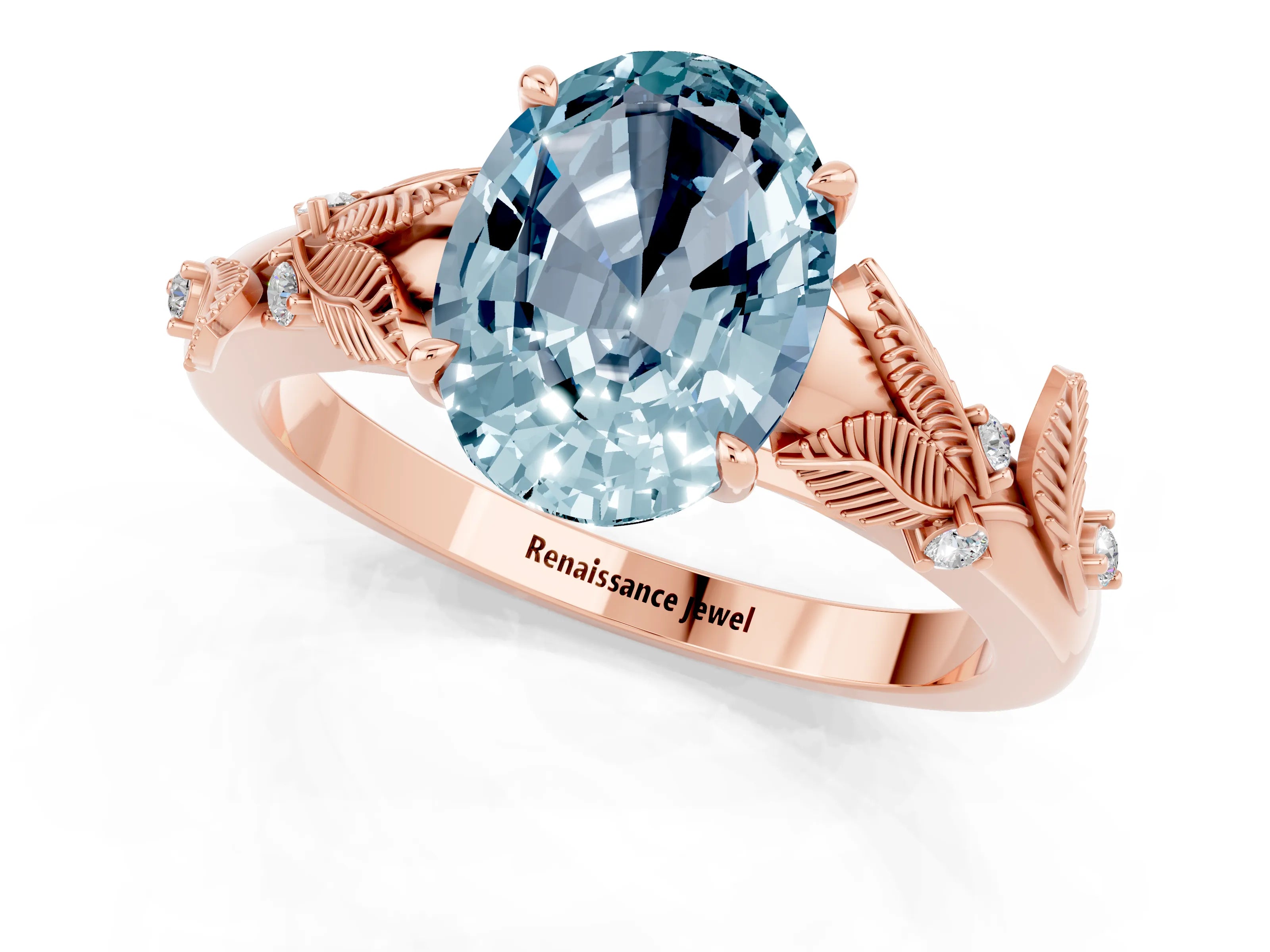 Rose gold Oval Cut Aquamarine Solitaire Ring with Leaf Motif Band and Four-Prong Setting_1