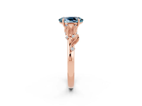Rose gold Oval Cut Aquamarine Solitaire Ring with Leaf Motif Band and Four-Prong Setting_2