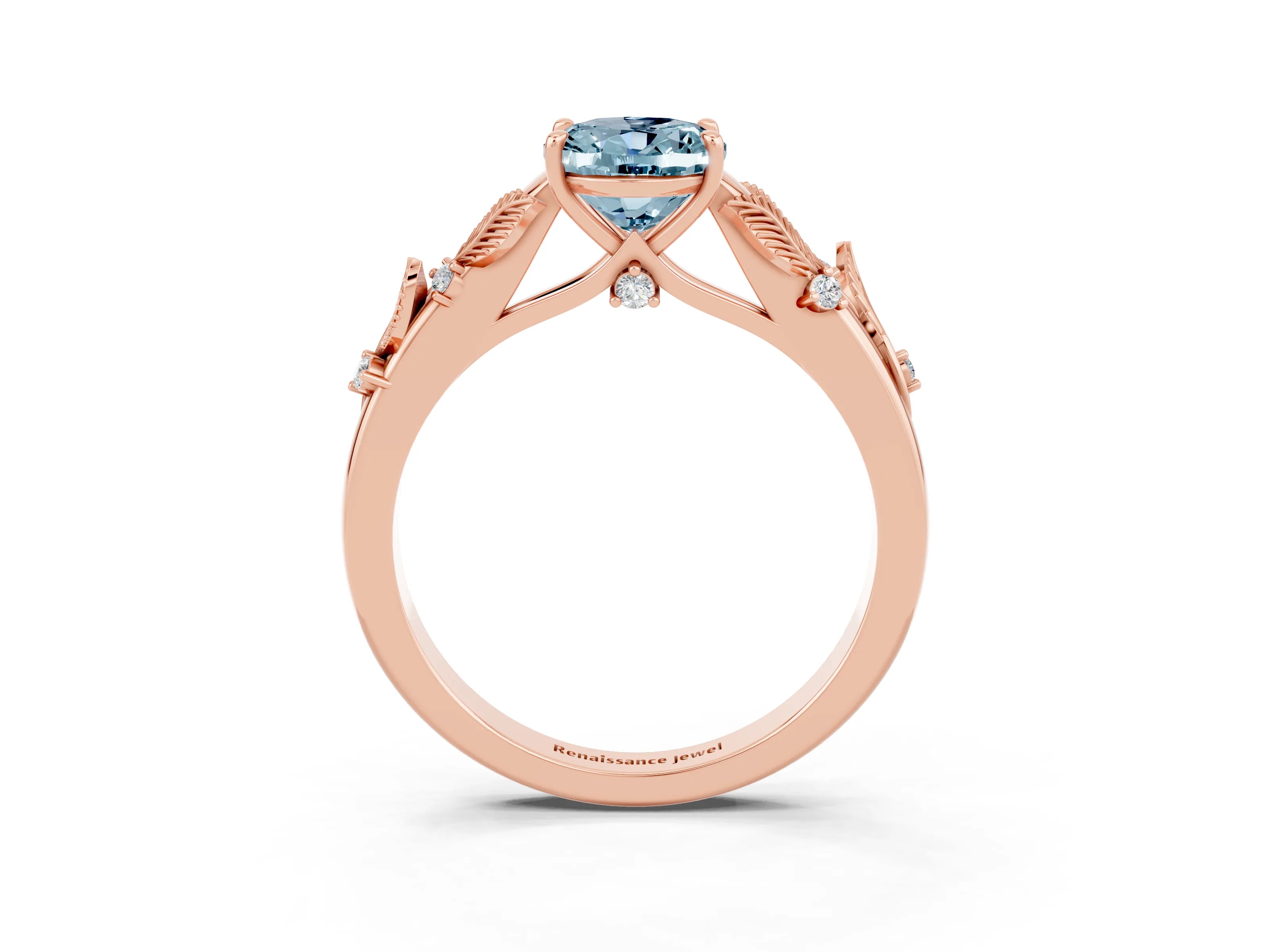 Rose gold Oval Cut Aquamarine Solitaire Ring with Leaf Motif Band and Four-Prong Setting_3