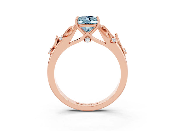 Rose gold Oval Cut Aquamarine Solitaire Ring with Leaf Motif Band and Four-Prong Setting