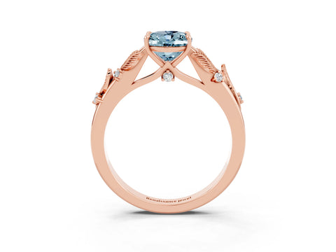 Rose gold Oval Cut Aquamarine Solitaire Ring with Leaf Motif Band and Four-Prong Setting_3