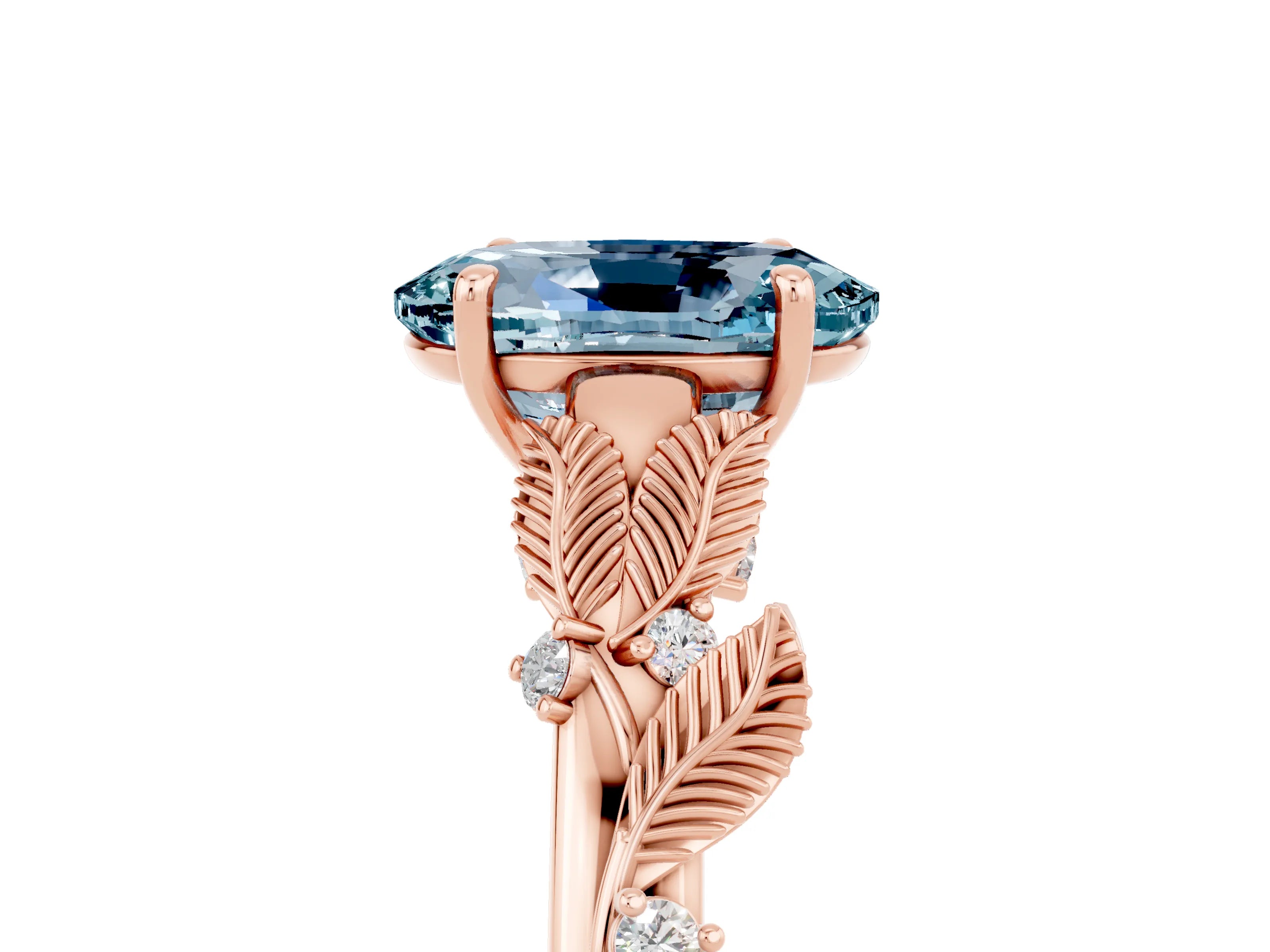 Rose gold Oval Cut Aquamarine Solitaire Ring with Leaf Motif Band and Four-Prong Setting_5