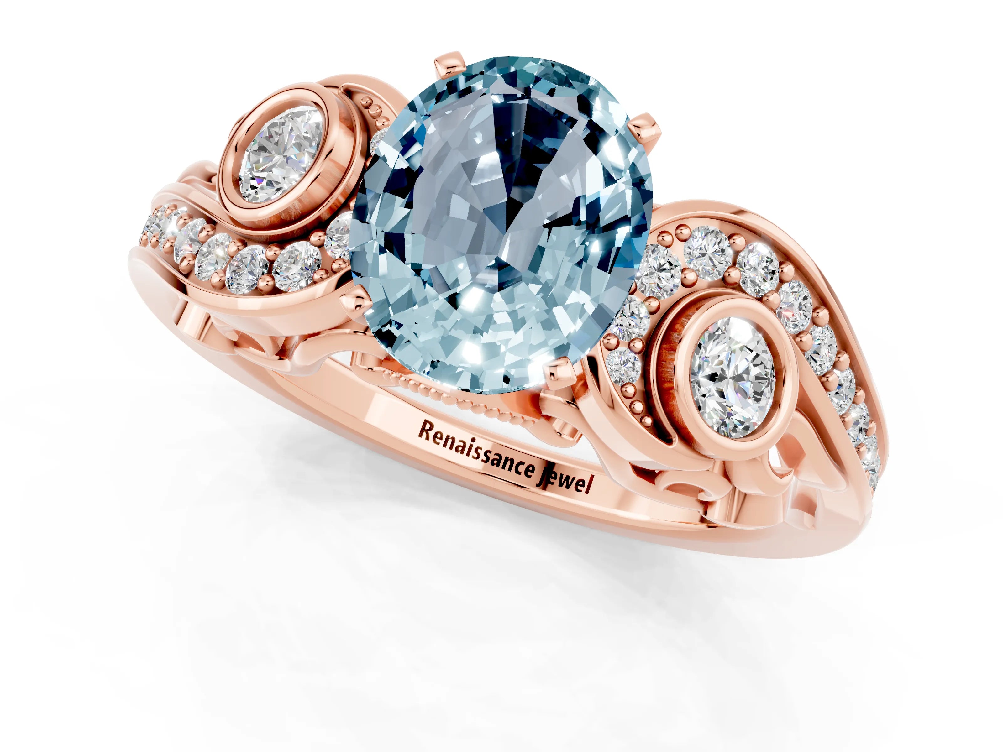 Rose gold Oval Cut Aquamarine Solitaire Ring with Milgrain Pavé Band and Four-Prong Setting_25