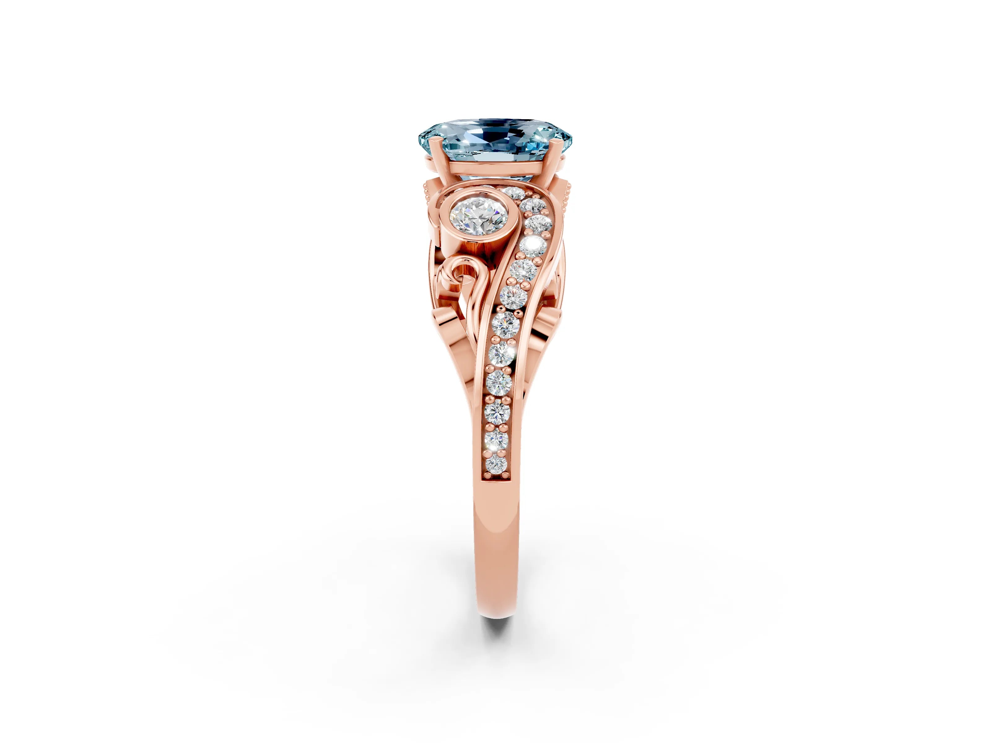 Rose gold Oval Cut Aquamarine Solitaire Ring with Milgrain Pavé Band and Four-Prong Setting_26