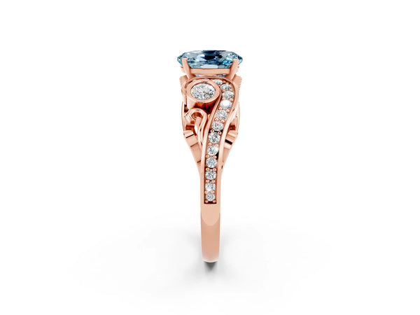Rose gold Oval Cut Aquamarine Solitaire Ring with Milgrain Pavé Band and Four-Prong Setting