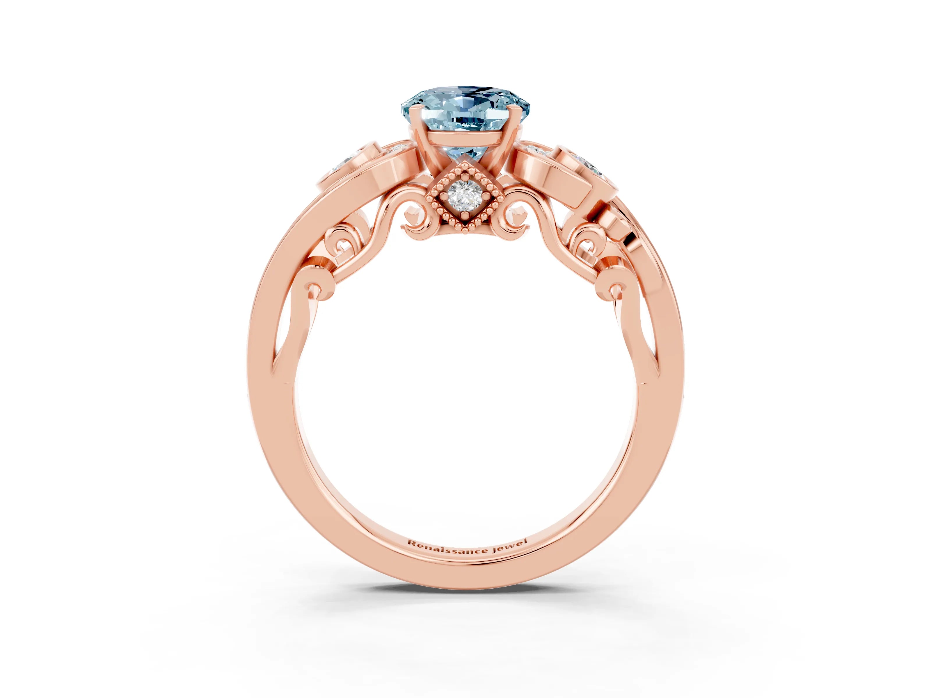 Rose gold Oval Cut Aquamarine Solitaire Ring with Milgrain Pavé Band and Four-Prong Setting_27