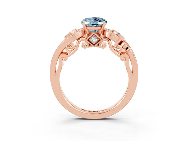Rose gold Oval Cut Aquamarine Solitaire Ring with Milgrain Pavé Band and Four-Prong Setting