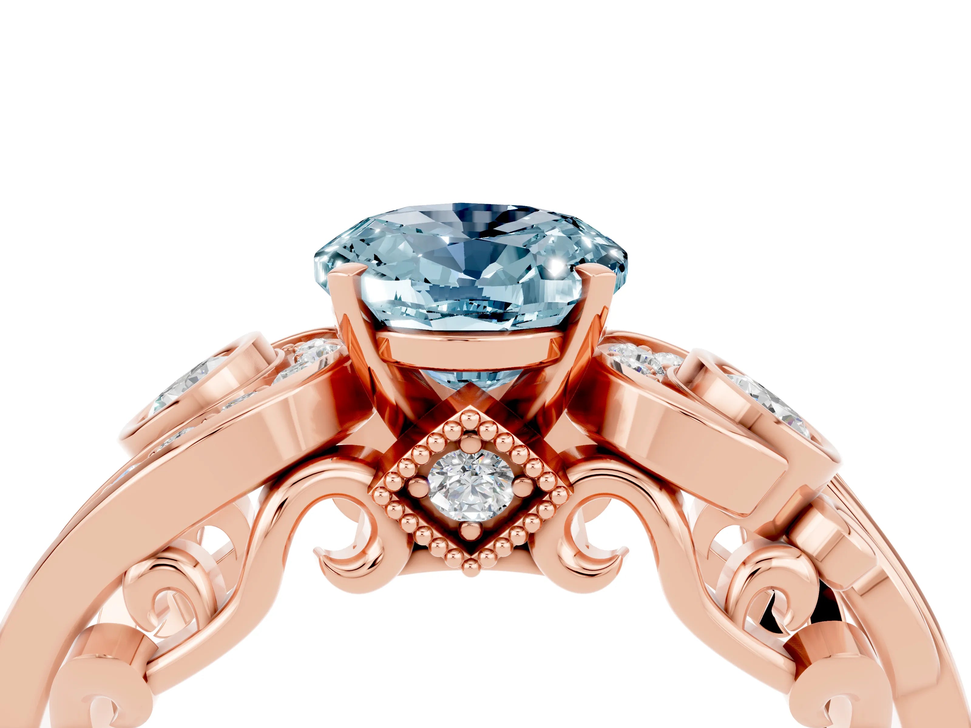 Rose gold Oval Cut Aquamarine Solitaire Ring with Milgrain Pavé Band and Four-Prong Setting_28
