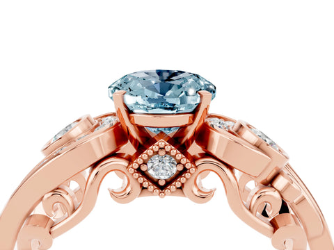 Rose gold Oval Cut Aquamarine Solitaire Ring with Milgrain Pavé Band and Four-Prong Setting_28