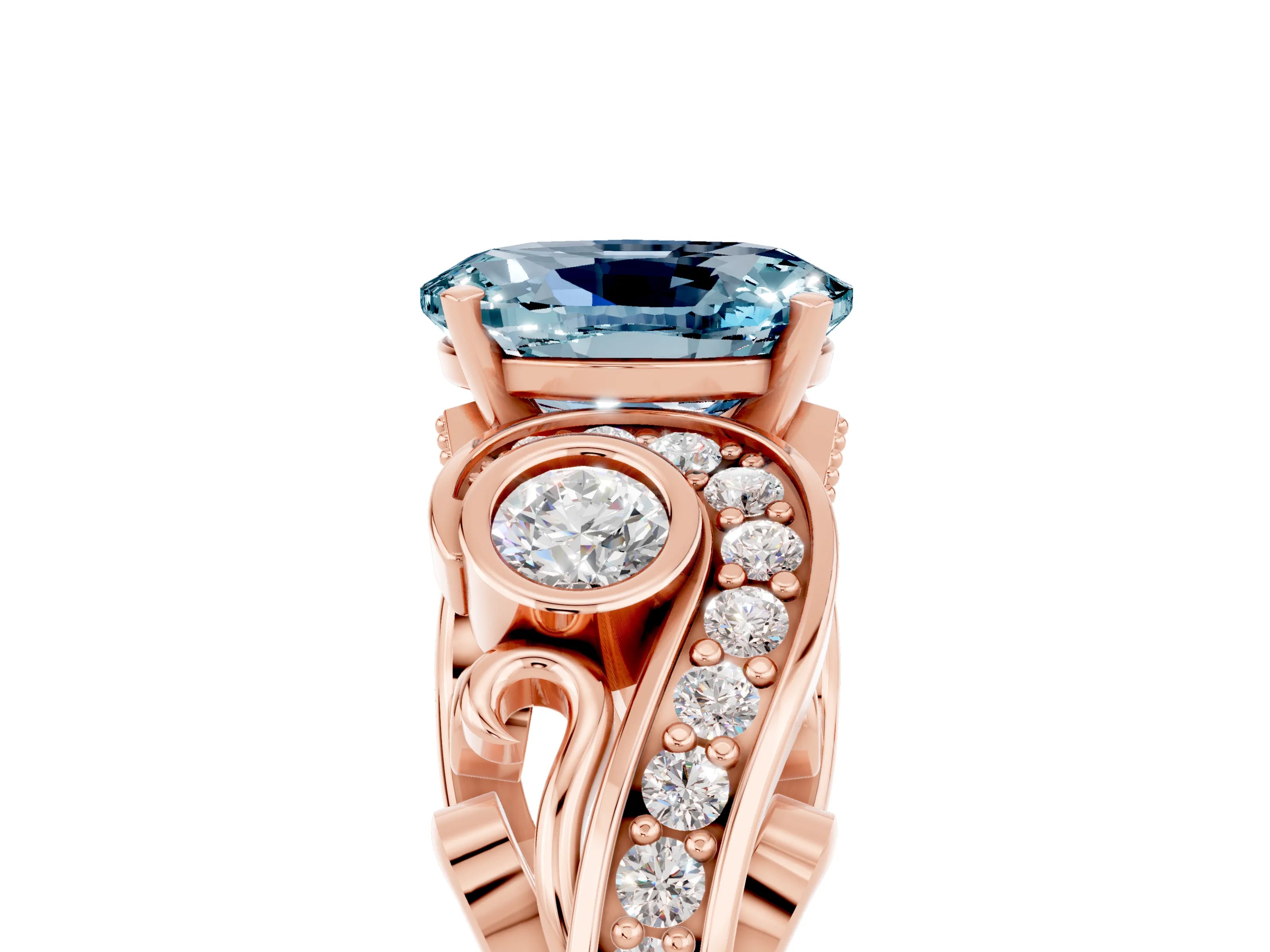 Rose gold Oval Cut Aquamarine Solitaire Ring with Milgrain Pavé Band and Four-Prong Setting_29