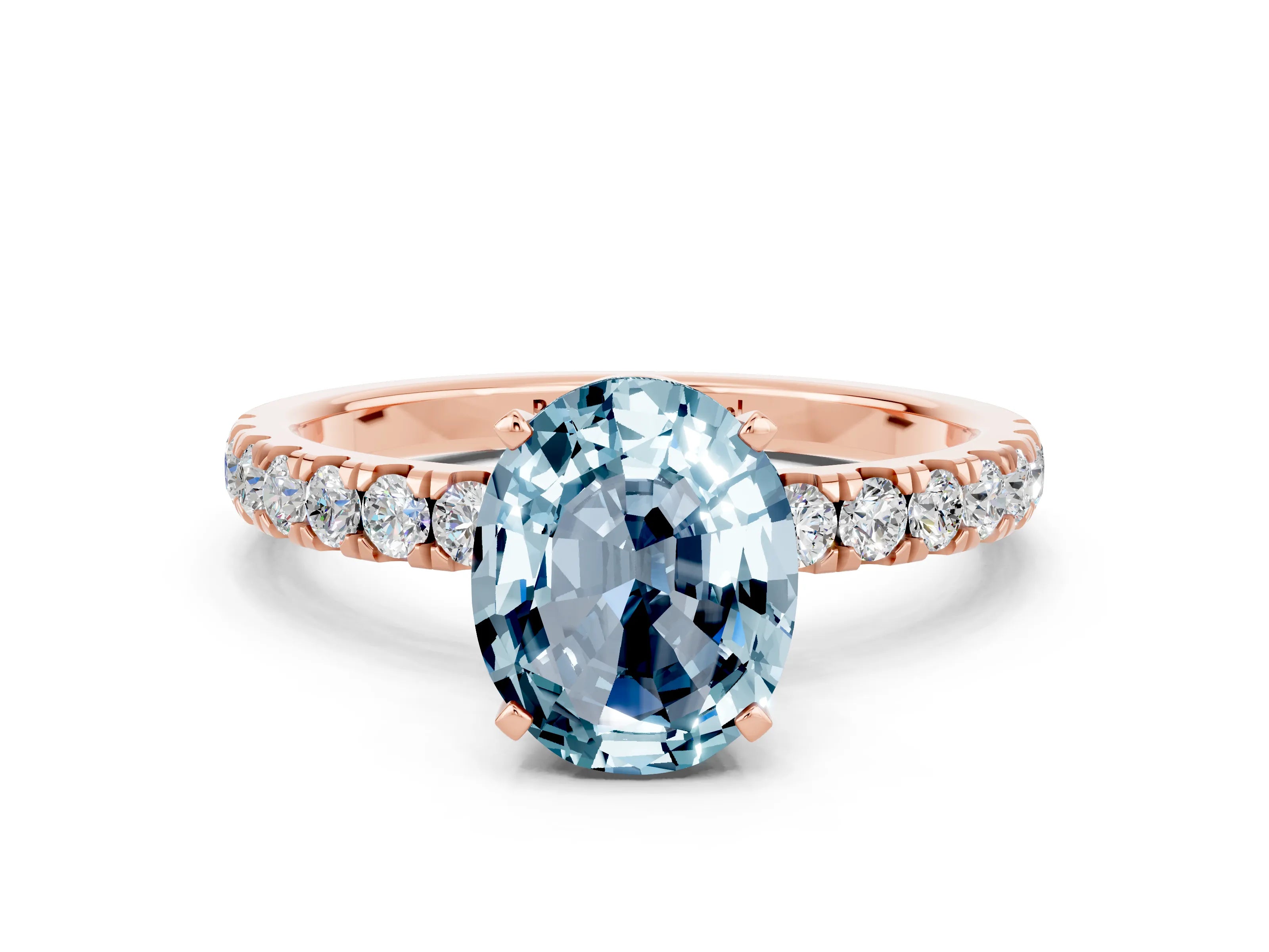 Rose gold Oval Cut Aquamarine Solitaire Ring with Pavé Accents and Four-Prong Setting