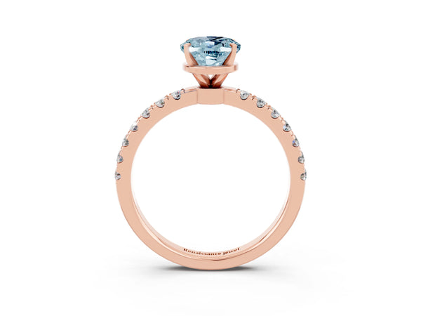 Rose gold Oval Cut Aquamarine Solitaire Ring with Pavé Accents and Four-Prong Setting