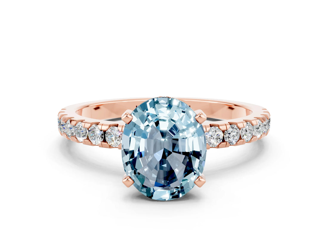 Rose gold Oval Cut Aquamarine Solitaire Ring with Pavé Band and Four-Prong Setting_12