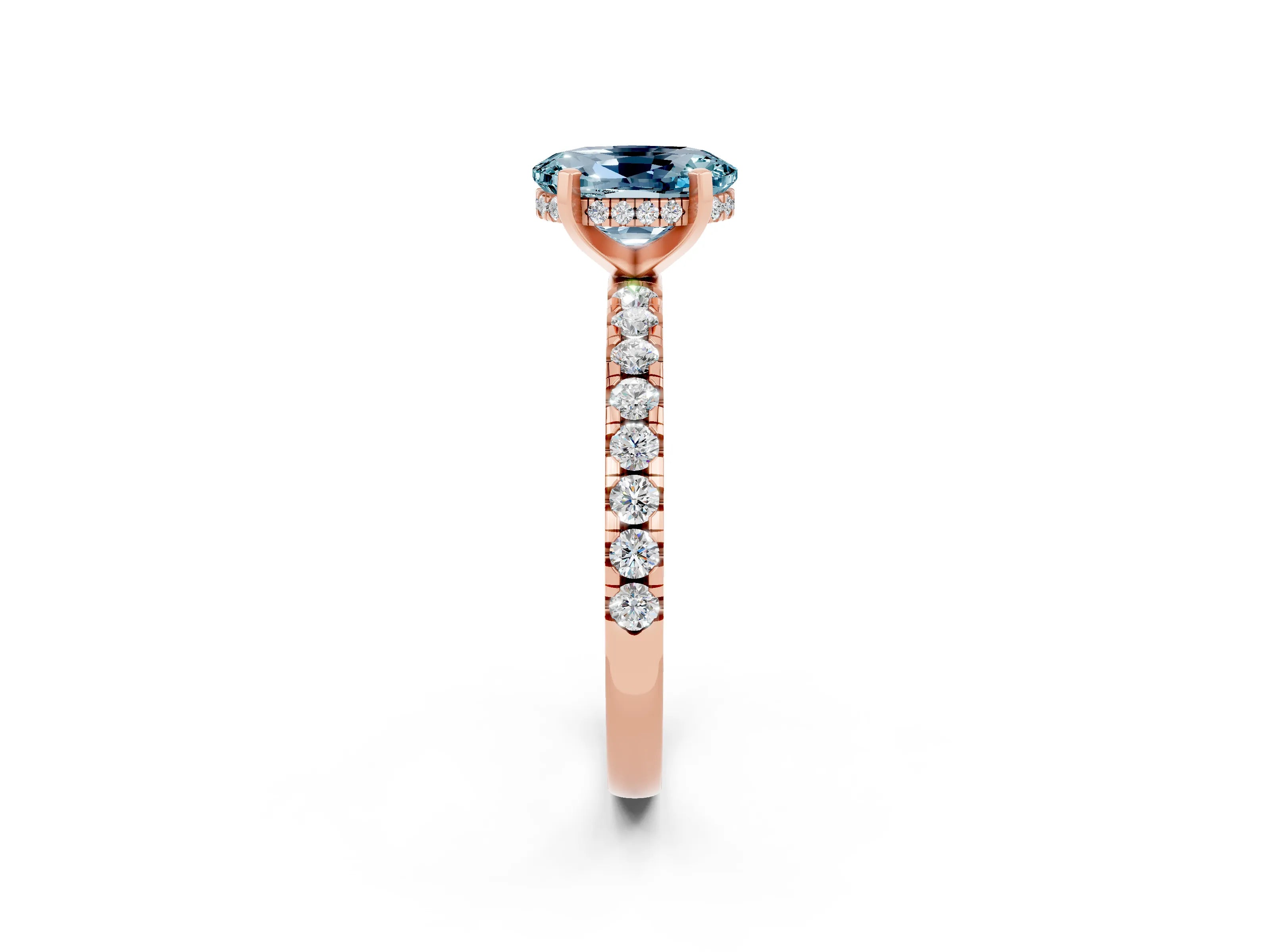 Rose gold Oval Cut Aquamarine Solitaire Ring with Pavé Band and Four-Prong Setting_14
