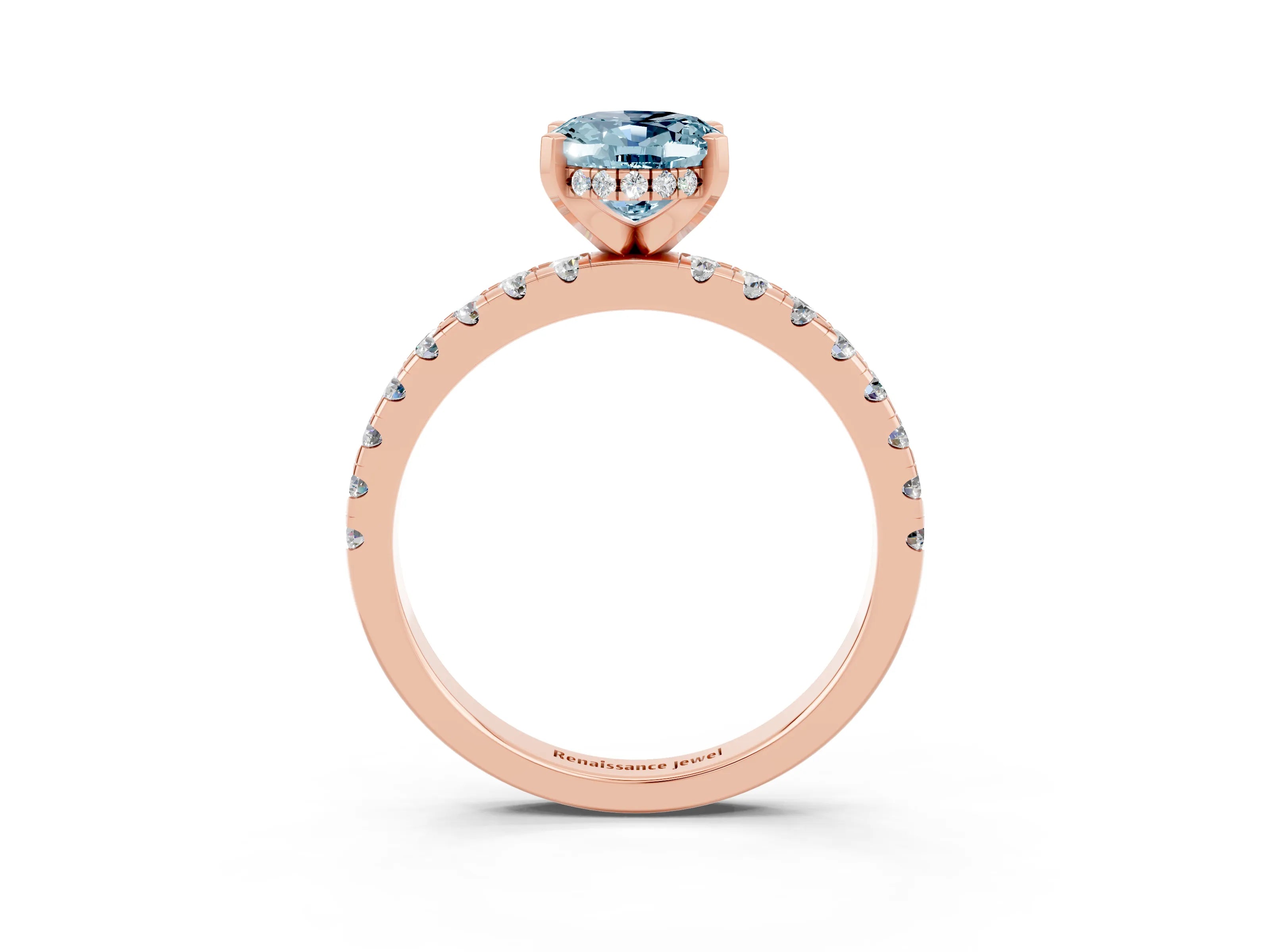 Rose gold Oval Cut Aquamarine Solitaire Ring with Pavé Band and Four-Prong Setting_15