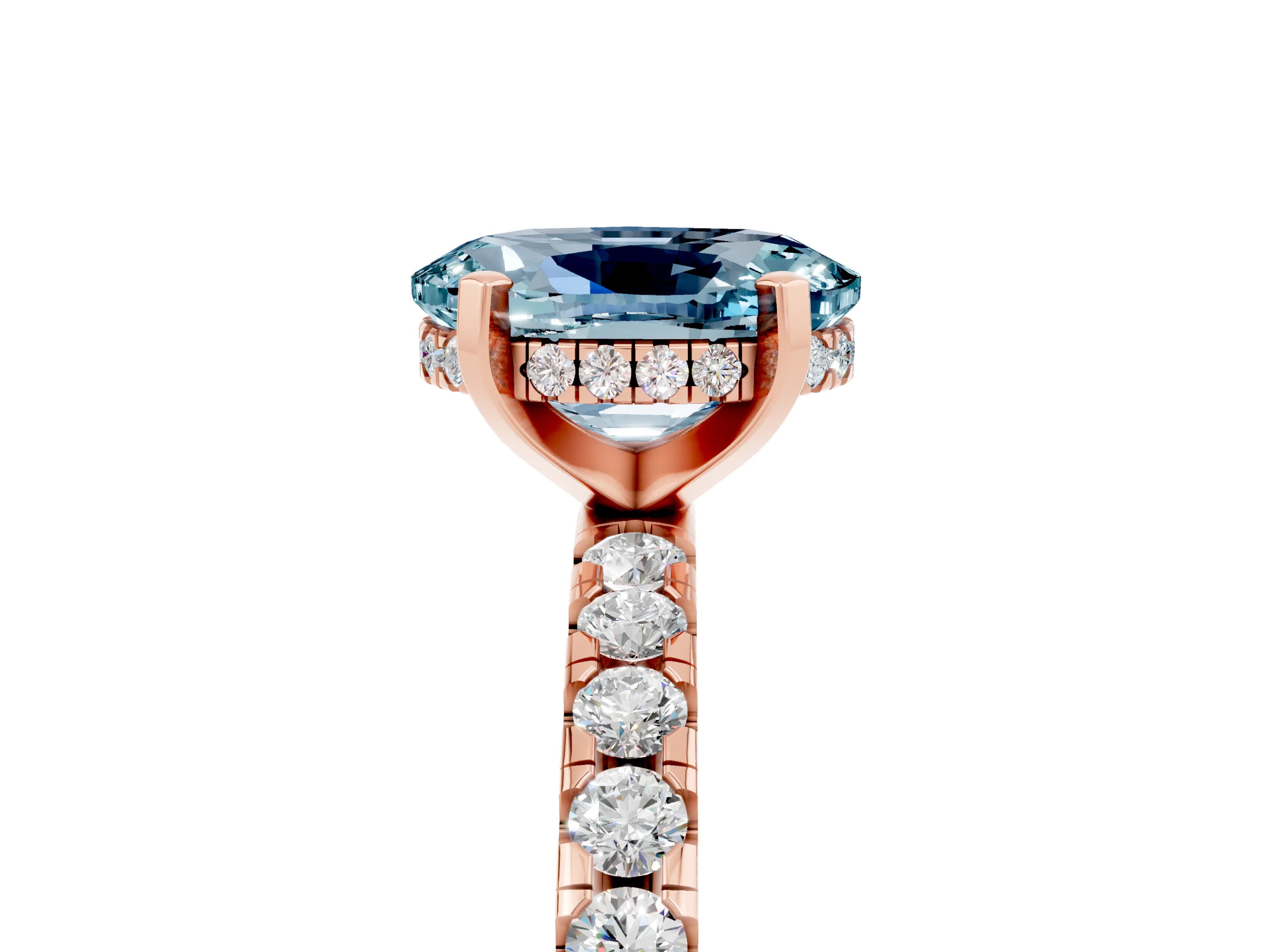 Rose gold Oval Cut Aquamarine Solitaire Ring with Pavé Band and Four-Prong Setting_17