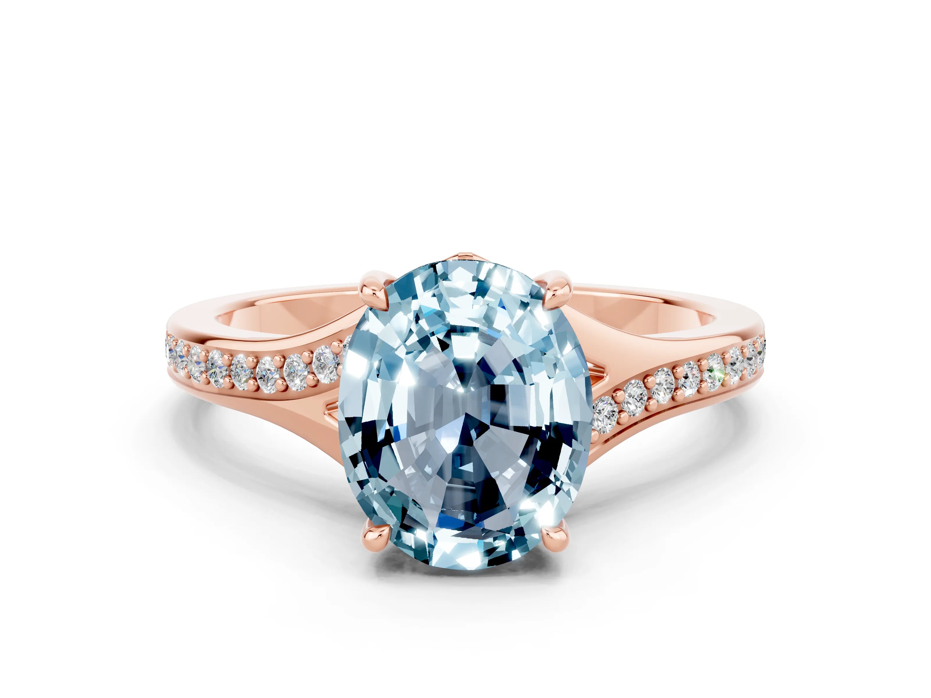 Rose gold Oval Cut Aquamarine Solitaire Ring with Pavé Band and Prong Setting