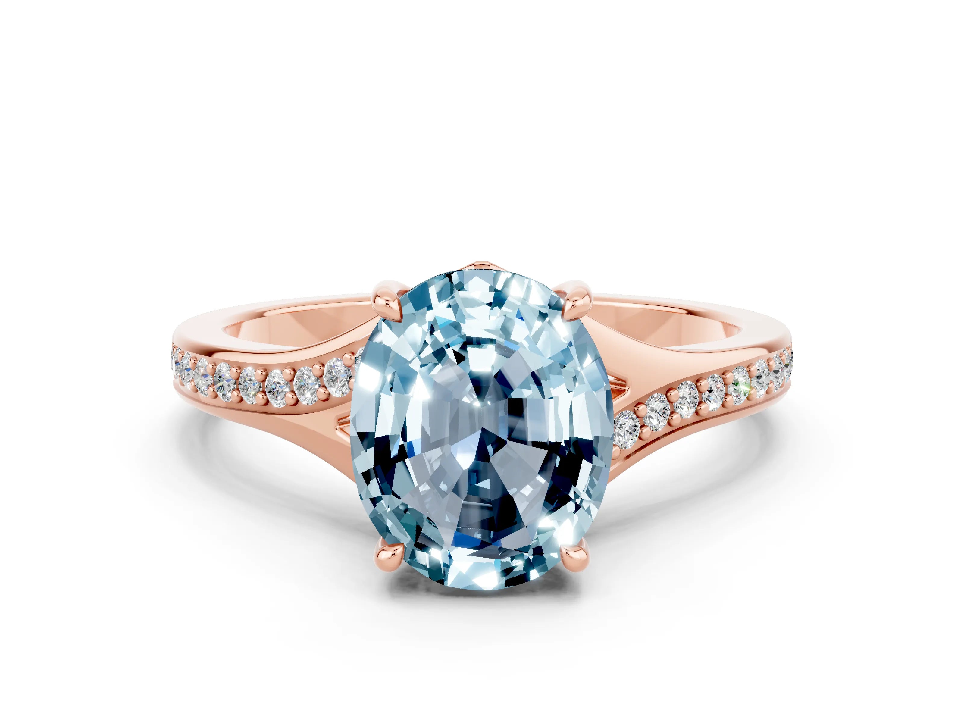 Rose gold Oval Cut Aquamarine Solitaire Ring with Pavé Band and Prong Setting_12