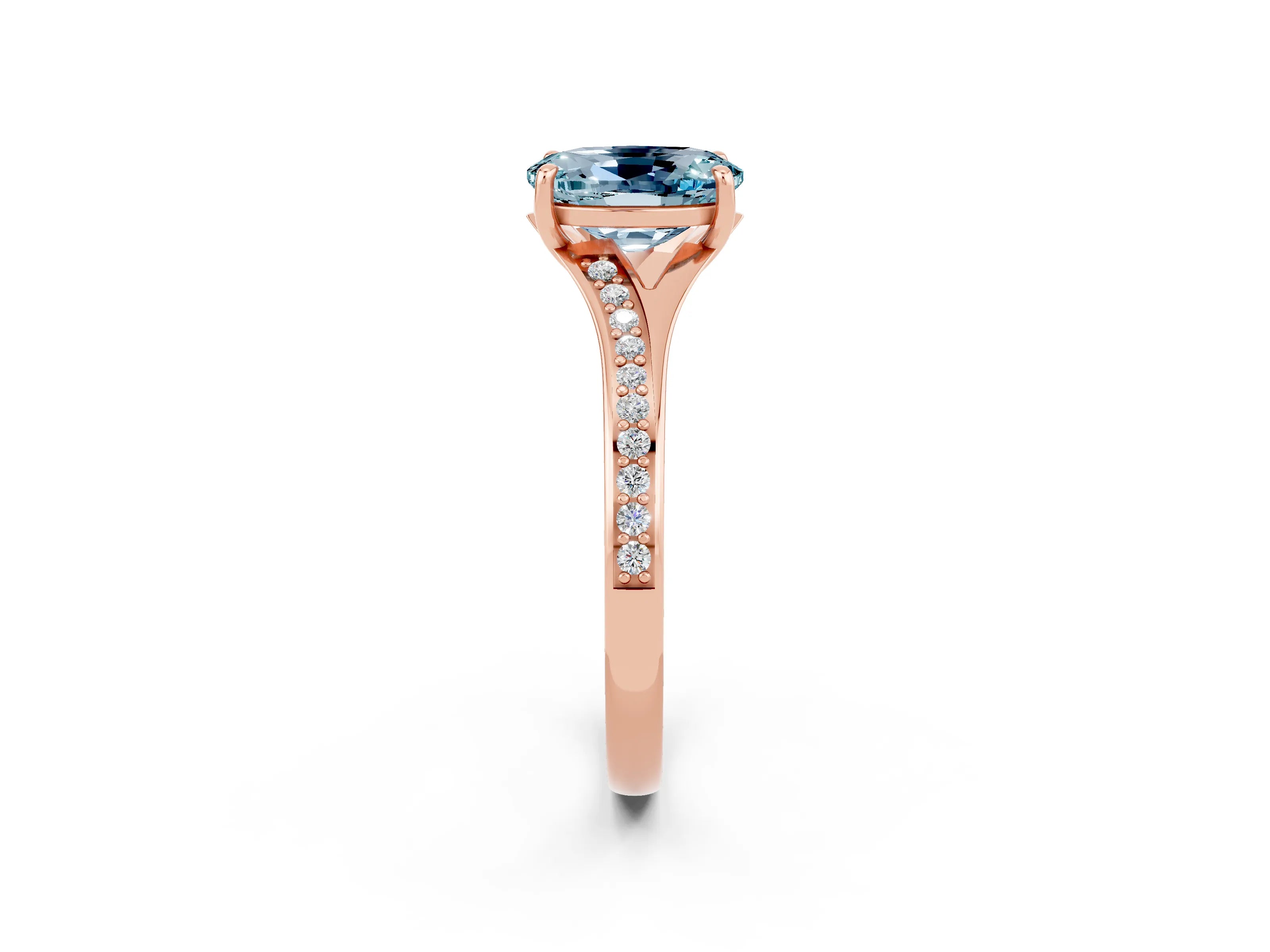Rose gold Oval Cut Aquamarine Solitaire Ring with Pavé Band and Prong Setting_14
