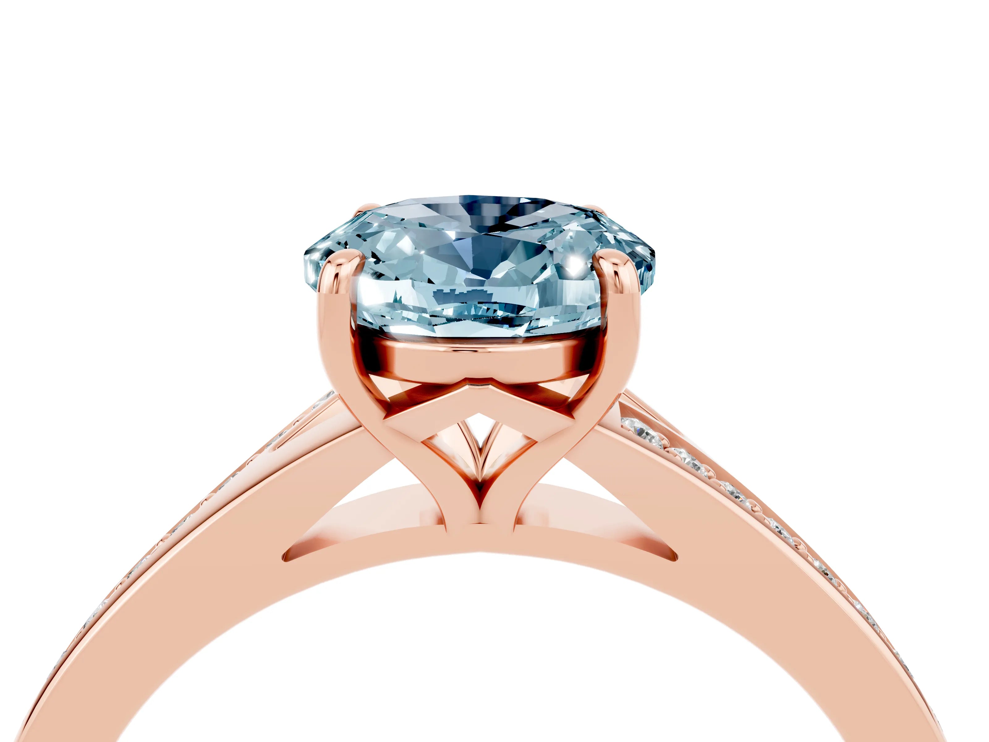 Rose gold Oval Cut Aquamarine Solitaire Ring with Pavé Band and Prong Setting_16