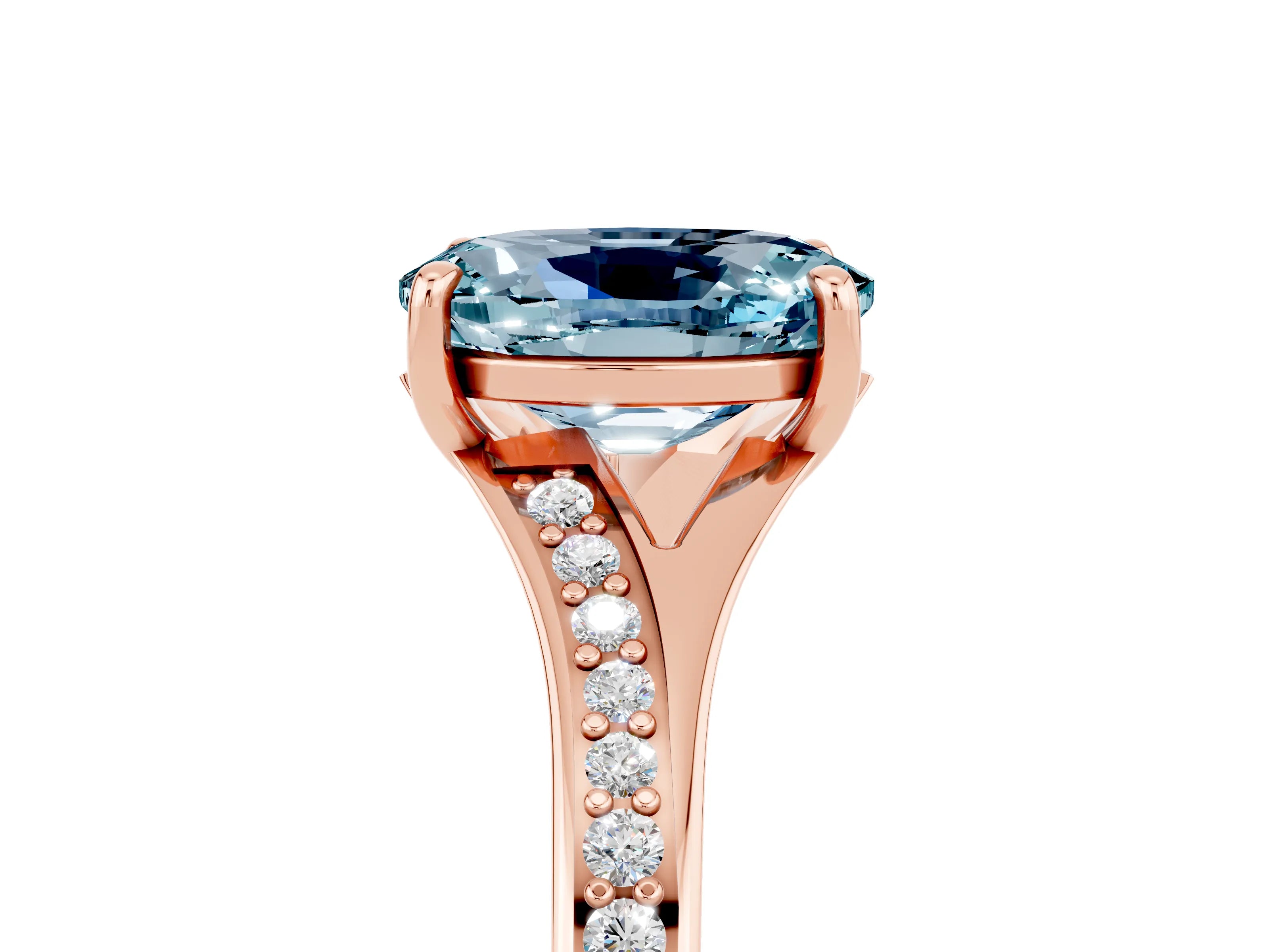 Rose gold Oval Cut Aquamarine Solitaire Ring with Pavé Band and Prong Setting_17