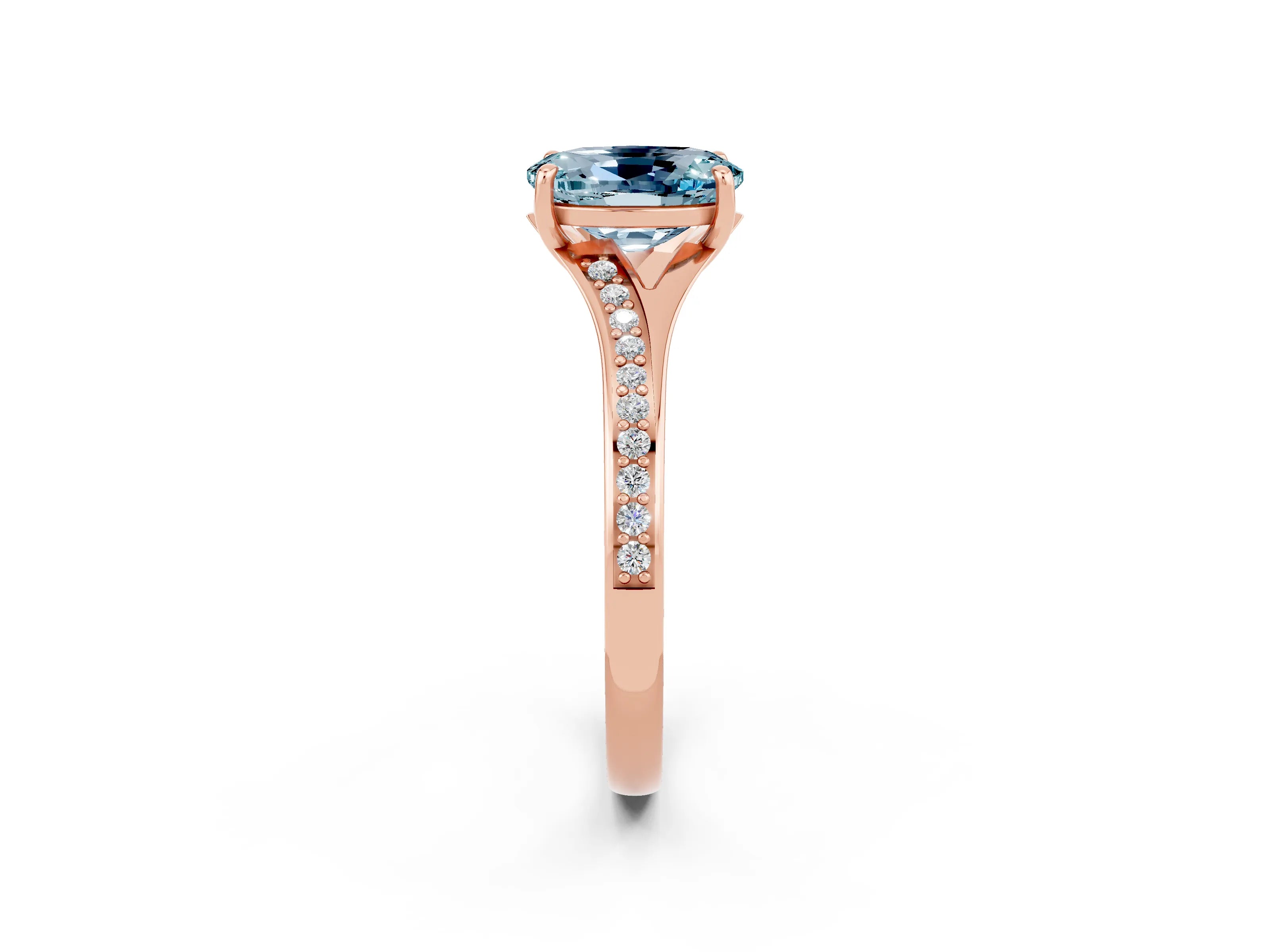 Rose gold Oval Cut Aquamarine Solitaire Ring with Pavé Band and Prong Setting_2