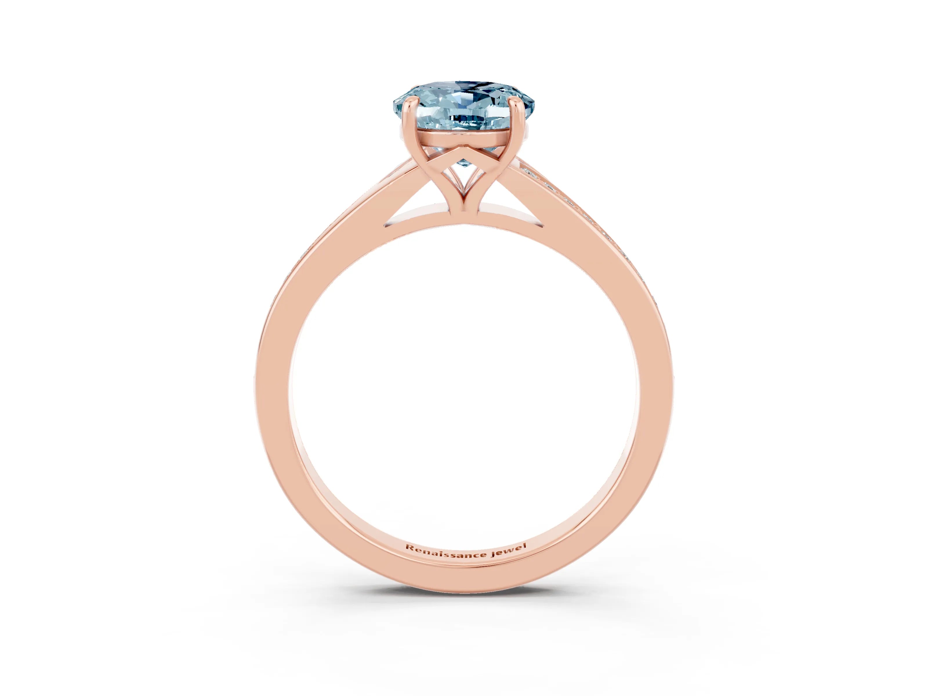 Rose gold Oval Cut Aquamarine Solitaire Ring with Pavé Band and Prong Setting_3