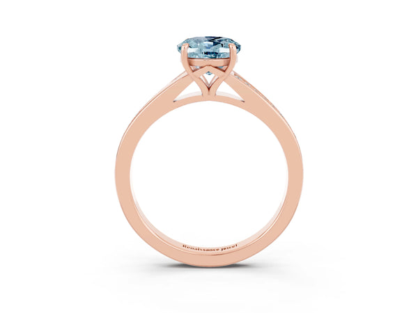 Rose gold Oval Cut Aquamarine Solitaire Ring with Pavé Band and Prong Setting