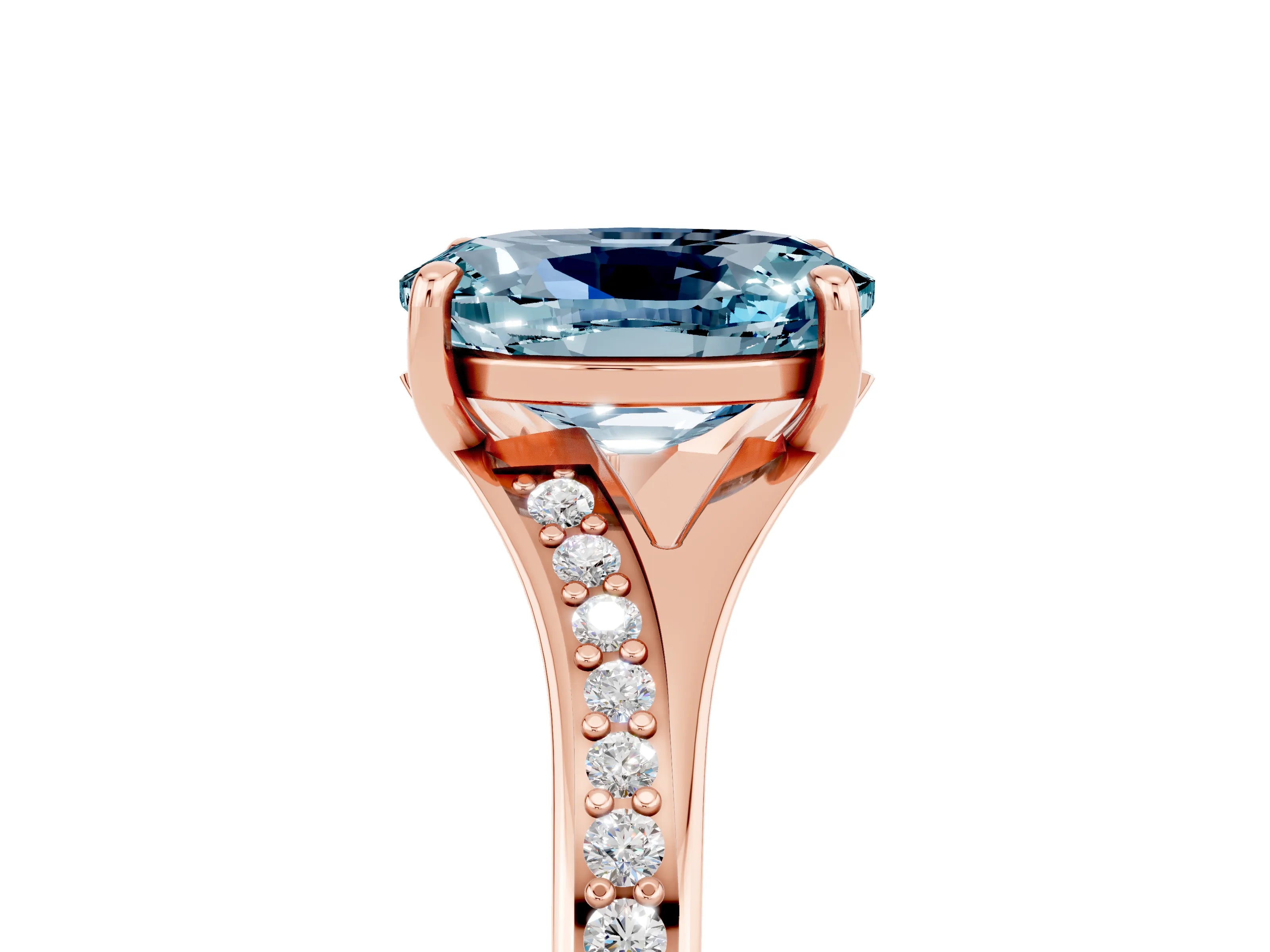 Rose gold Oval Cut Aquamarine Solitaire Ring with Pavé Band and Prong Setting_5