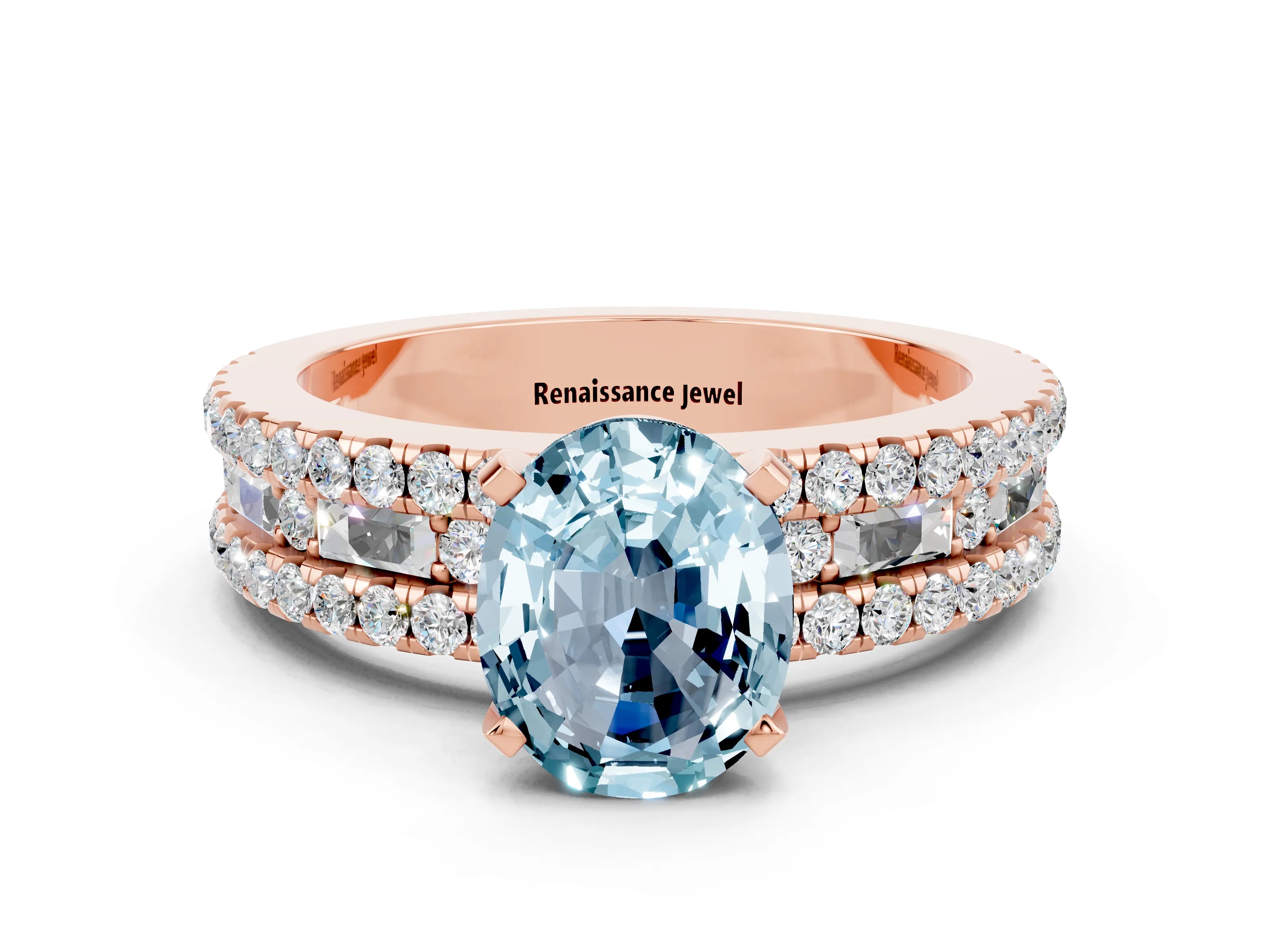 Rose gold Oval Cut Aquamarine Solitaire Ring with Pavé and Channel Set Band