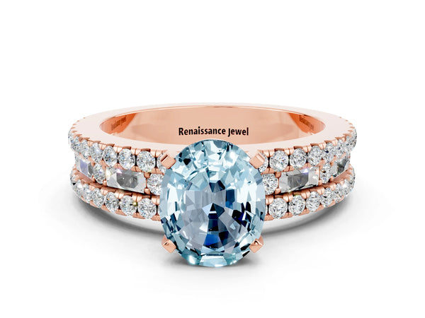 Rose gold Oval Cut Aquamarine Solitaire Ring with Pavé and Channel Set Band